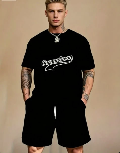Printed Short Sleeve And Shorts Set,Print Pattern,Quick Dry MoistureWicking,Sports OutfitSoft Cotton Oversized Crew Neck For Men - 黑色 - 查看 1
