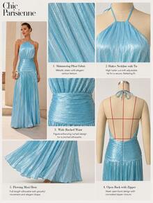 Lagoon Blue Metallic Plissé Halter Maxi Dress - 湖藍色 - 查看 10