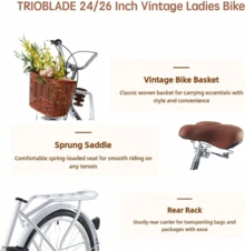 JMYXF 24/26 Inch Vintage Ladies Bike With Basket 7 Speed, Lightweight City Bicycle Retro Bicycle Rear Rack Adjustable Handlebar And Seat Disc Brake - White - View 8
