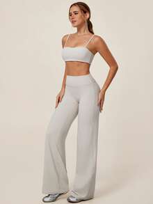 TimeOff Women's One Set Solid Color Spaghetti Strap Backless Bra High Waist Tummy Control Wide Leg Pants Sports Set - Apricot - View 9