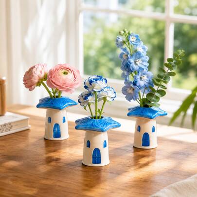 Mougigi Cute Blue Birdhouse Ceramic Bud Vase Set Of 3 - Handmade Miniature Vase…