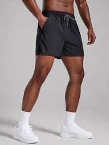 Men's Solid Color Sports Shorts With Drawstring And Pockets, Lightweight And Comfortable, Suitable For Summer Sports And Casual Wear Black - Black - View 3