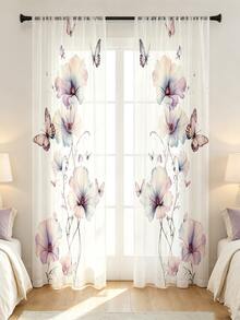 2pcs Digital Printed Sheer Curtains, Watercolor Floral & Butterfly Pattern, Romantic Wedding Style, Suitable For Kitchen, Dining Room, Living Room Decor - Multicolor - View 2
