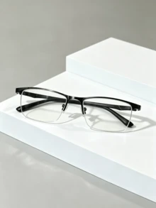 1 Pair Men's Classic Half-Frame Rectangular Glasses, Business Commute Daily Wear Non-Prescription Glasses, Comfortable Non-Slip Temple Glasses Frame - Clear - View 12