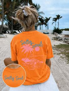 Women's Orange Salty Soul Palm Tree Graphic T-Shirt, Oversized Short Sleeve Tee, Vacation Outfits Women, Back To School Clothes, Fall Casual Top - 橘色 - 查看 1
