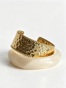 2Pcs Aesthetic Stacking Bracelet Set Marbled Amber Resin Bangle Gold Banana Leaf Open Cuff Bangles Y2K Boho Vacation Outfit Accessories For Women - Alloy Resin Bracelet Set - View 16