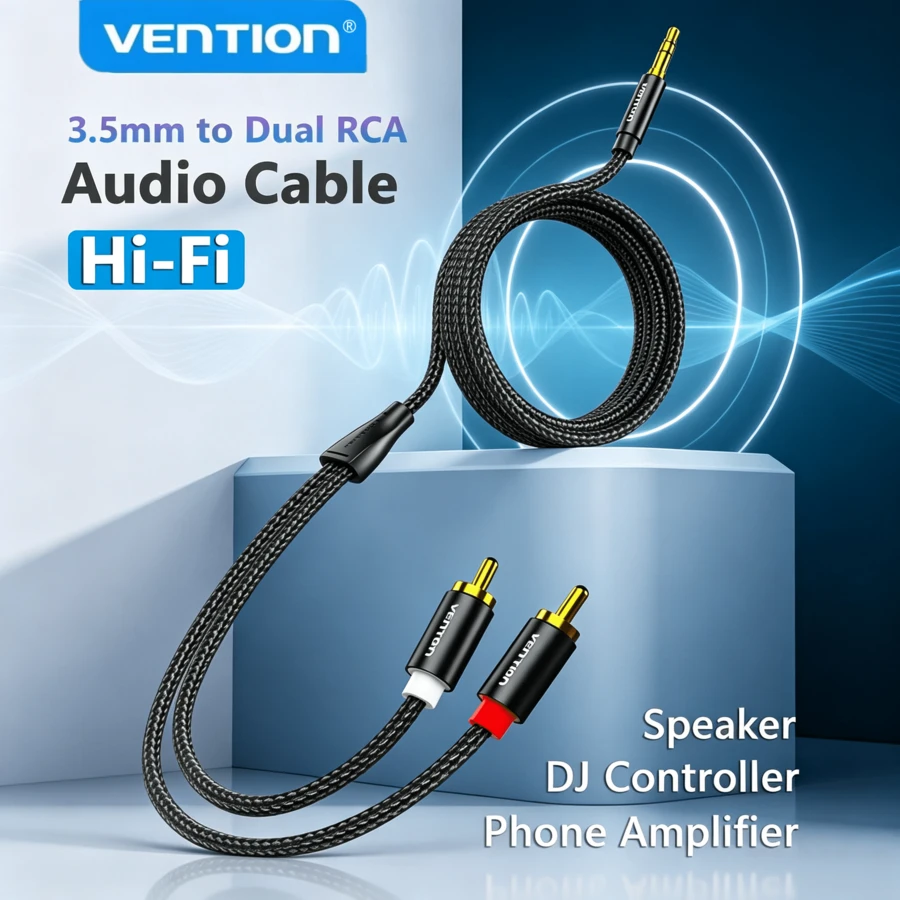 Kabel Audio VENTION 3.5mm ke 2RCA, Jalinan Nilon 1m, Steker Stereo 3.5mm ke Splitter Audio Y Dual RCA, Kompatibel dengan Pengontrol DJ, Amplifier Hi-Fi, Speaker