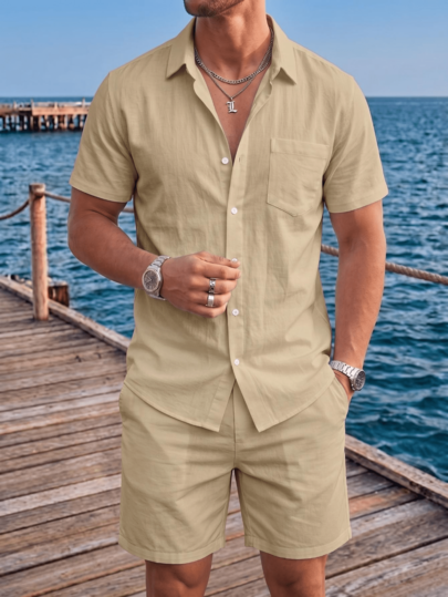 Men's 2-Piece Linen Casual Short Sleeve Button-Down Shirt And Shorts Summer Beach Set - Perfect Father's Day Gift For Dad, Husband, Him