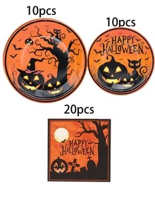 10pcs/20pcs/40pcs/60pcs Vintage Halloween Paper Tableware Set, Black Cat Ghost Tree 7/9 Inch Paper Plates 6.5 Inch Napkins, Orange & Black Halloween Party Supplies, Halloween Birthday Haunted House Theme Party Decoration Dinner Dessert Plates Napkins Set - Multicolor - View 7