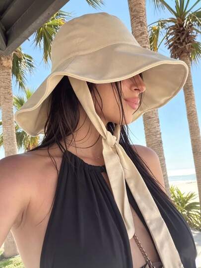 1pc Women's Solid Color Long Ribbon Bucket Hat, Wide Brim Sun Protection Soft Bucket Hat, Casual Outdoor Beach Daily Vacation Windproof