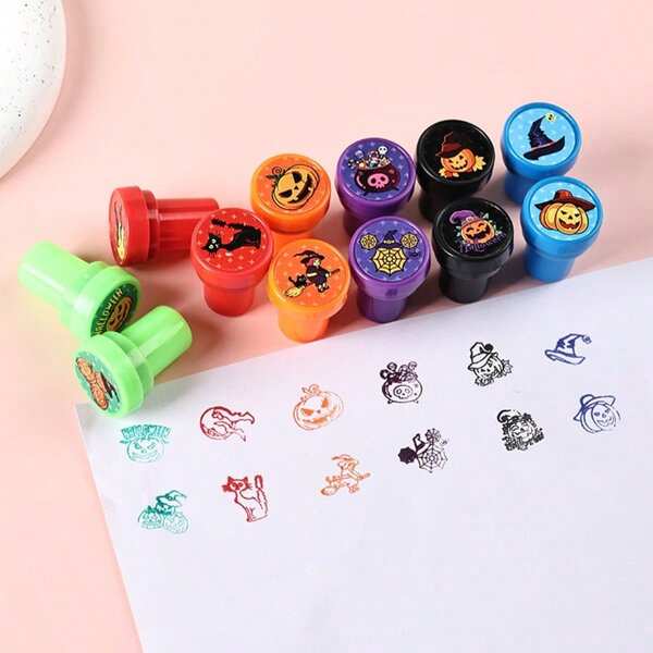 Colorful Halloween Theme Small Round Stamps, Pumpkin & Ghost Cartoon Design, Self-Inking, Fun Decorative Gifts For Student Planner & Scrapbooking