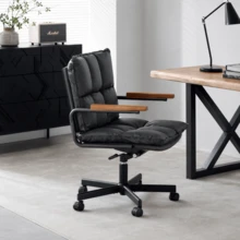 Home Office Desk Chair, Ergonomic Leather Computer Chair With Wheels And Oak Armrests, Height-Adjustable Swivel Executive Chair WL - 黑色+PU皮革 - 查看 5