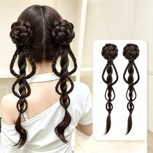 Women's Handmade Japanese Style Braided Hair Clip Twin Ponytail Wig, Natural Fluffy Lively Realistic Hair, New Chinese Style Long Braid - Black - View 2