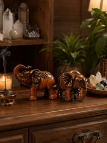 Set 2 Patung Gajah Keberuntungan Gaya Ukiran Kayu Thailand dari Resin, Dekorasi Kekayaan Feng Shui, Cocok untuk Pintu Masuk, Taman, Halaman, Hadiah Pindah Rumah - Gajah Kayu - View 2