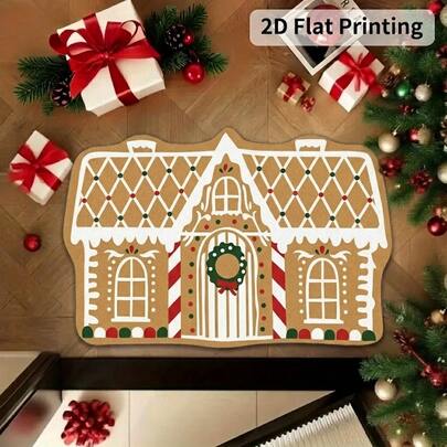 1pc Gingerbread House Shaped Christmas Doormat, 2D Flat Holiday Atmosphere Entryway Mat, Soft Skin-Friendly Bedroom Bedside Rug, Luxury Style Living Room Foyer Decorative Mat, Carpet, Living Room Area Rug, Small Area Rug, Decorative Rug, Bedroom Decor, Small Rug, Carpet, Home Decor, Living Room Carpet, Living Room Small Rug, Bedroom Carpet, Washable Carpet