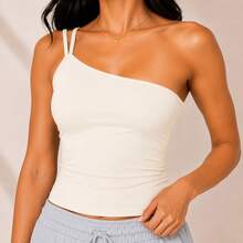 Women's One-Shoulder Tank Top Strapless Tube Top Suplex Blouse Y2K Fashion Casual Party Ribbed Asymmetrical - 米白色 - 查看 1
