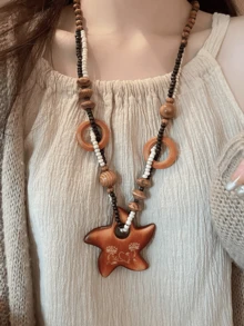 1pc Women's Pendant Necklace, Multi-Color Wooden Vintage Necklace With Star And Moon Elements, Suitable For Vacation, Party, Date, Daily Wear, Gift - Multicolor - View 4