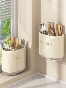 1pc Modern White Wall-Mounted Chopstick Holder, Drill-Free Utensil Storage Rack And Kitchen Drain Rack With Removable Drip Tray, Kitchen Sink Organizer Basket For Chopsticks, Spoons, Forks, Knives And Spatulas, Space-Saving Cabinet Storage Rack, Suitable For Daily Use - Multiple Styles and Colors - View 11