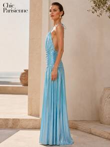 Lagoon Blue Metallic Plissé Halter Maxi Dress - 湖藍色 - 查看 4