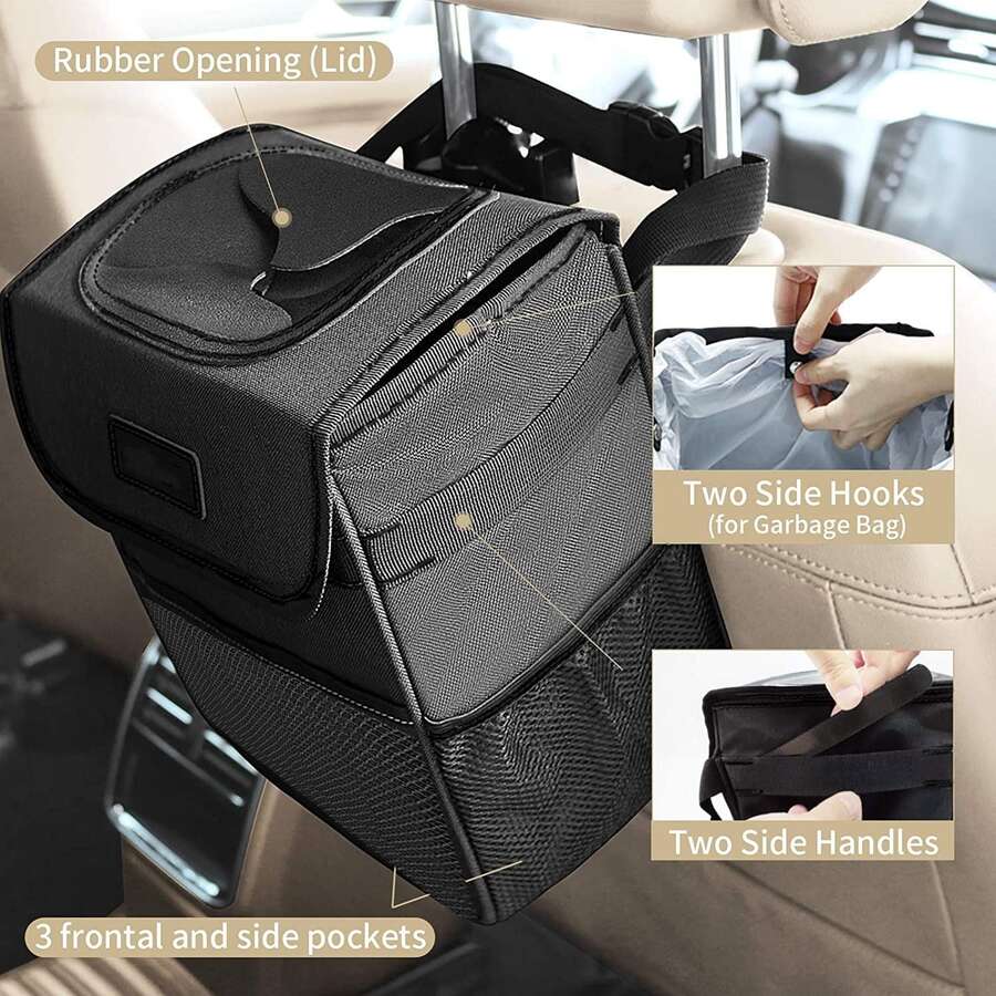 1pc Car Hanging Trash Can, Thickened Oxford Cloth, Waterproof & Leak-Proof, Flip Lid Design, Multi-Layer Mesh Pocket, 2 Gallon Large Capacity, Adjustable Shoulder Strap, Detachable Trash Bag Hook, Portable Waste Storage Bag, Suitable For SUV, Sedan, Home, Road Trip, Car Seat Back, Daily Travel Accessory