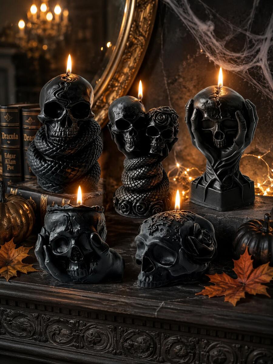 1pc Creative Gothic Skull Series Aromatherapy Candle Handmade Snake Skull, Double Skull Rose, Hand-Held Skull, See No Evil Skull, Rose Pressed Flower Skull Soy Wax Candle For Tabletop Decor, Candle Gift, Altar Decoration, Halloween Candle, Unique Gift For Gothic Collectors, Indoor Home Decor, Late Autumn Holiday Gift, Fashionable Aromatherapy Decorative Candle
