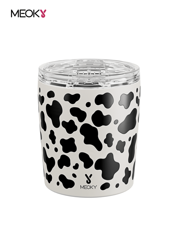 Meoky 8oz White Cow Print Short Stainless Steel Cup With Splash-Proof Lid, Portable Water Cup For Daily Milk And Coffee