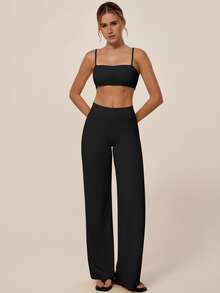 TimeOff Women's One Set Solid Color Spaghetti Strap Backless Bra High Waist Tummy Control Wide Leg Pants Sports Set - Black - View 6