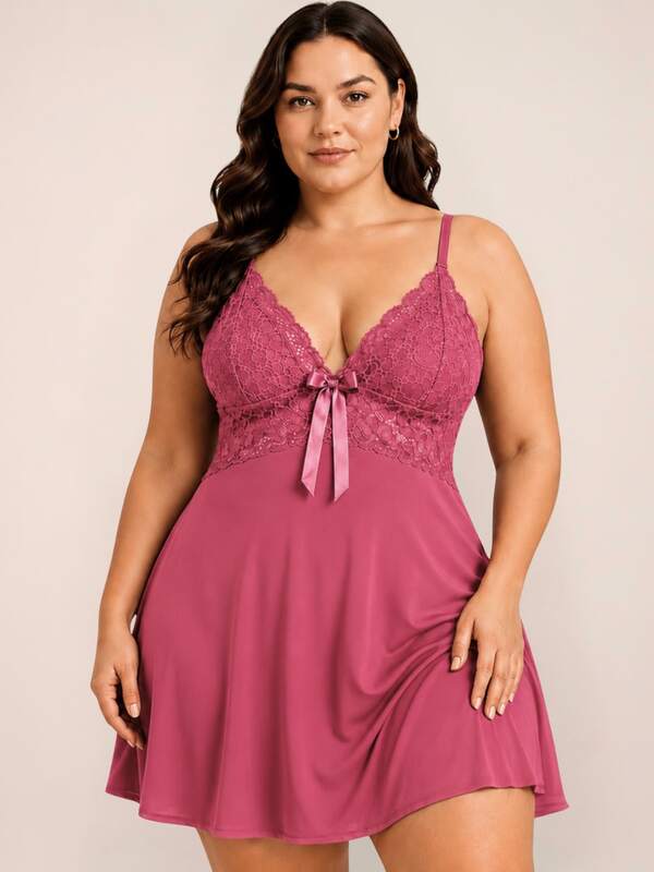 Camisola Plus Size Sexy Feminina Rendada Sem Bojo com Alças Ajustáveis Lingerie Noite Luxo