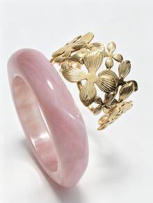 2Pcs Aesthetic Stacking Bracelet Set Marbled Amber Resin Bangle Gold Banana Leaf Open Cuff Bangles Y2K Boho Vacation Outfit Accessories For Women - Alloy Resin Bracelet Set - View 5