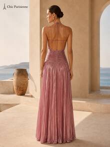 Dusty Rose Metallic Plissé Halter Maxi Dress - 重量 - 查看 6