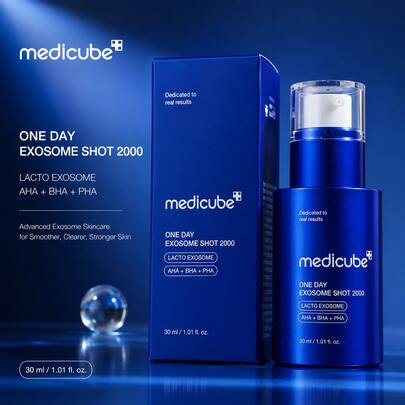 Medicube One Day Exosome Shot 2000 Serum 30ml Korean Exosome Facial Serum, AHA BHA PHA Skin Renewal, Pore Refining, Smoother Texture, Glass Skin Care