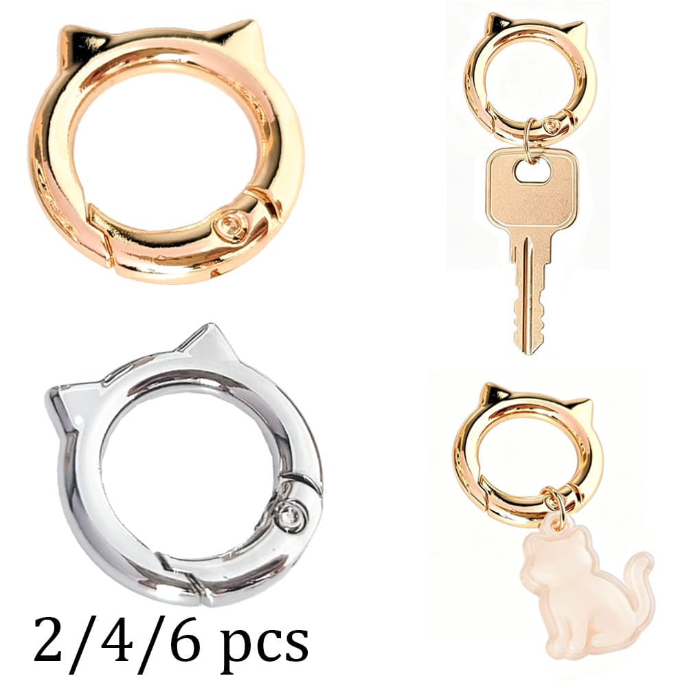 2/4/6 Pcs Cat Ear Spring Ring Keychain Metal Shaped Spring Clip, Convenient Keychain, Dog Clip, Openable Handbag Strap Connector, Outdoor Camping Hiking Accessories, Suitable For DIY Lanyard Dog Clip, Metal Shaped Keychain Bag Clip Hook Dog Chain Clip Metal Plum Heart Combination Keychain Spring Ring Bag Accessory Hook Clip Press Open Button - Multicolor - View 1