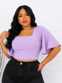 PLUS SIZE CROPPED BLOUSE WITH BAT SLEEVES - Lilac Purple - View 1