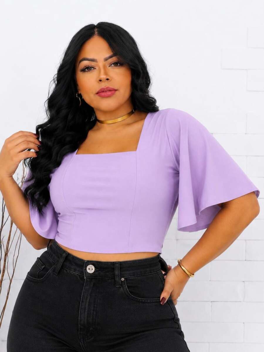 PLUS SIZE CROPPED BLOUSE WITH BAT SLEEVES - Lilac Purple - View 1
