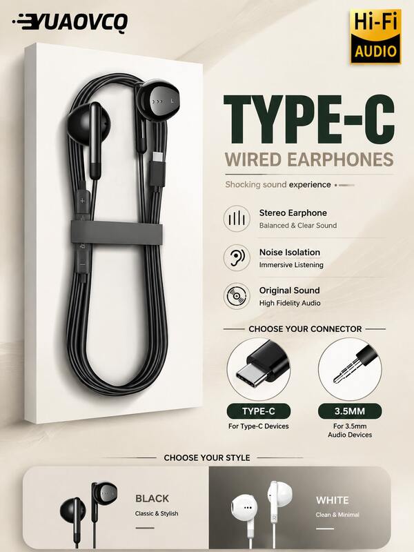 YUAOVCQ 有線入耳式睡眠耳機，雙重防噪、雙重物理隔音，3.5mm 或 Type-C 接口，適合運動與睡眠佩戴，兼容智慧型手機，高清晰度麥克風，適用於通話、電腦與遊戲主機