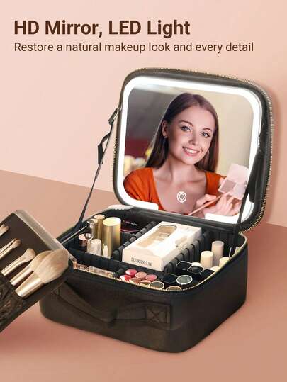 Travel Makeup Bag With LED Mirror, Makeup Box With Lighted Mirror, Portable Makeup Artist Storage Bag With Adjustable Dividers And Brush Holder, Y2K Fashion Makeup Bag, Suitable For Party, Beach, Travel, Camping, Outdoor Activities, School, Campus And Other Occasions, Perfect Holiday Gift For Girls