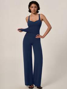 TimeOff Conjunto deportivo de mujer de un solo color con camiseta de tirantes de espalda atlética con almohadillas desmontables y pantalones de cintura alta de pierna ancha - Azul - Ver 6