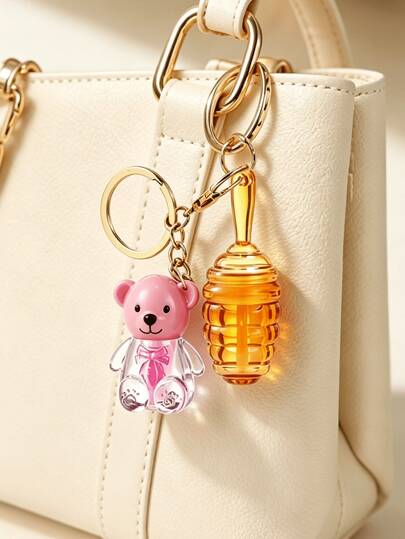Cute Honey Bear Honey Jar 2-In-1 Keychain, Mini DIY Lip Gloss/Lip Tint Empty Bottle, Portable Makeup Storage Container, Cartoon Girl Backpack Charm, Commute Light Makeup DIY Lip Gloss Empty Tube, Niche Creative Best Friend Birthday Gift