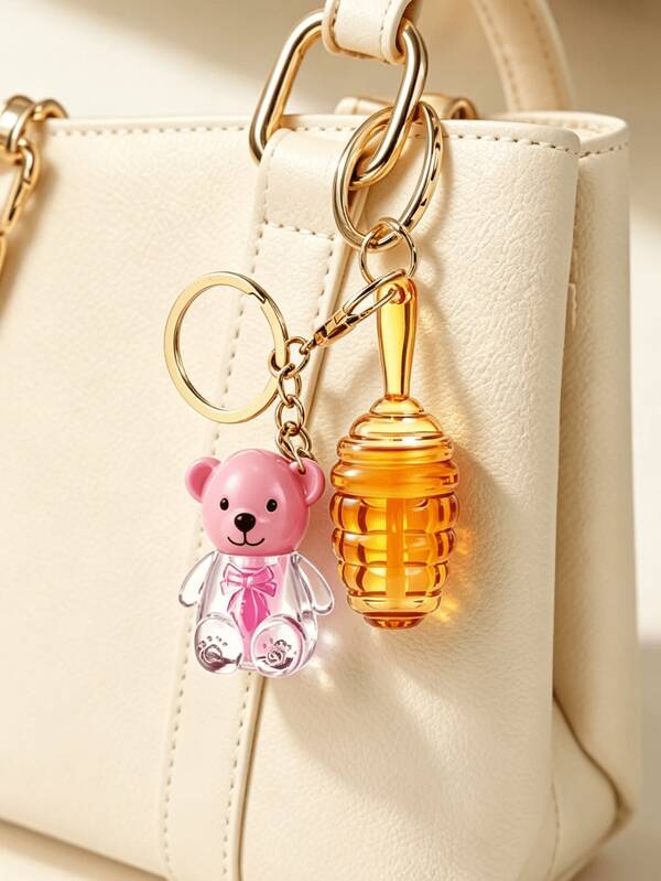 Cute Honey Bear Honey Jar 2-In-1 Keychain, Mini DIY Lip Gloss/Lip Tint Empty Bottle, Portable Makeup Storage Container, Cartoon Girl Backpack Charm, Commute Light Makeup DIY Lip Gloss Empty Tube, Niche Creative Best Friend Birthday Gift