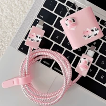 1組柔軟可愛3D牛奶瓶充電器保護套,韓系Ins風少女粉牛奶瓶數據線保護組,兼容Apple PD18W/20W原裝充電器,送女友的可愛吸睛禮物 - 趴牛+奶瓶款 - 查看 5