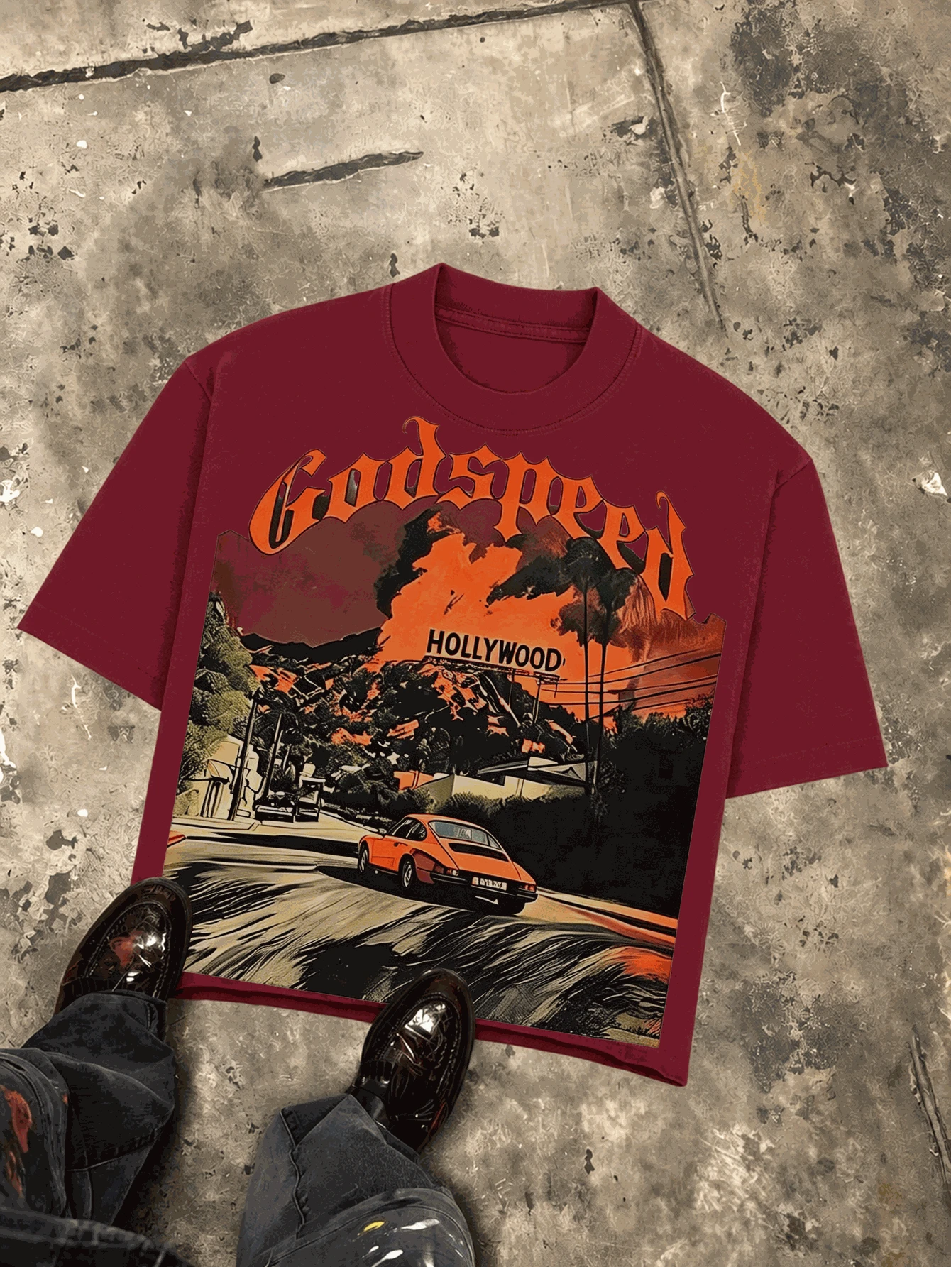 Holly Wood Hills Orange Sunset Distressed Industrial Metal Tee, Oversized 180g Heavyweight Cotton, Night Street Top For Men - 酒紅色 - 查看 1