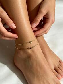 MECYLIFE 1 buah Gelang Kaki Dua Lapis Bentuk Hati LOVE dari Stainless Steel Elegan dan Halus untuk Wanita, Cocok untuk Pemakaian Sehari-hari - Gelang kaki CINTA - View 3