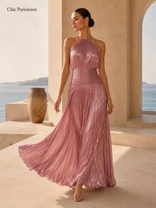 Dusty Rose Metallic Plissé Halter Maxi Dress - 重量 - 查看 4