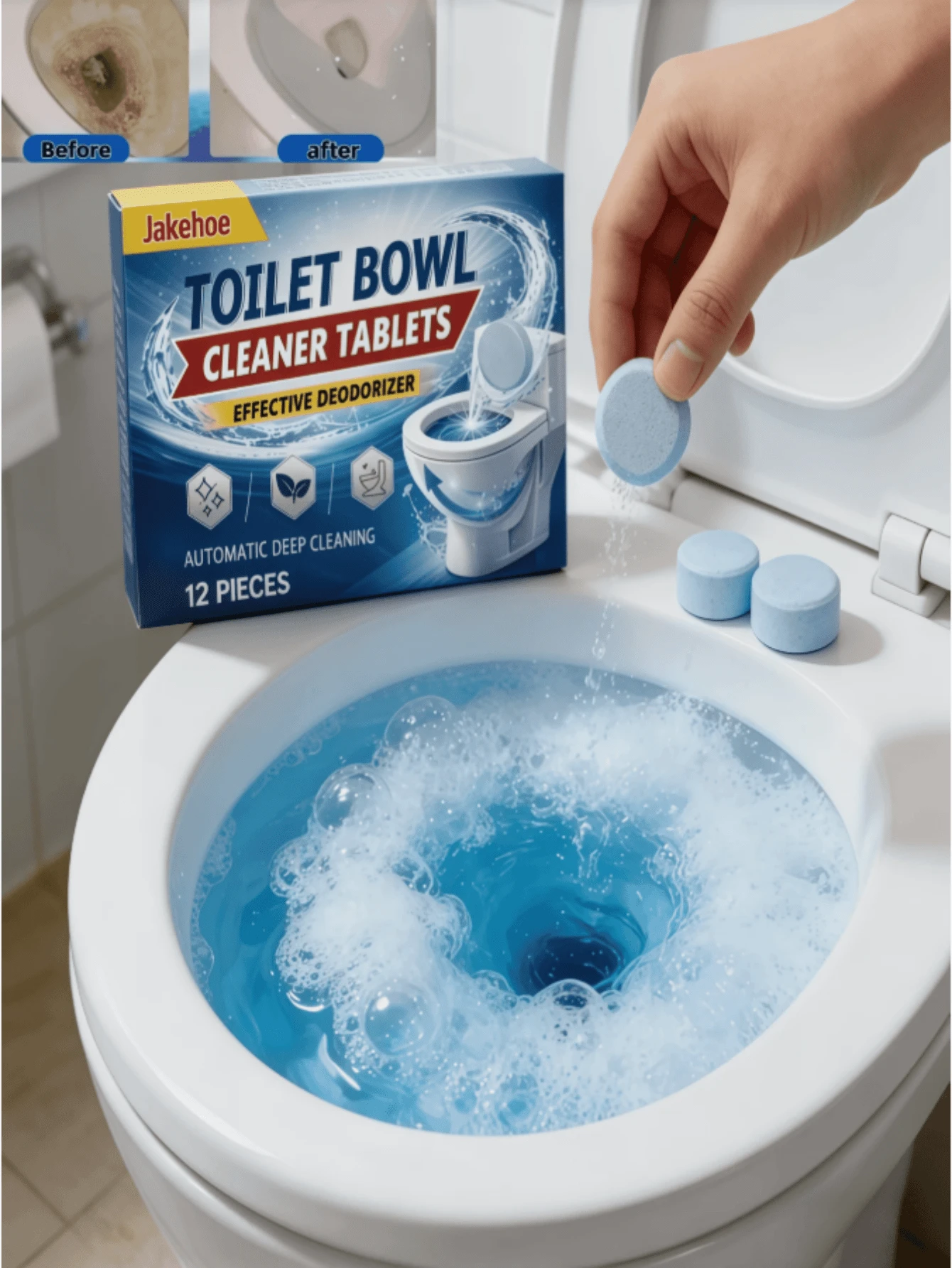 jakehoe 12pcs/24pc Toilet Cleaning Tablets, Designed For Effervescent Cleaning, Daily Maintenance Of Toilet Bowl Cleanliness, Reducing Scrubbing Time, Deodorizing, Removing Yellow Stains And Odors, Improving Bathroom Environment, Great Helper For Home Cleaning (New And Old Models Randomly Shipped)