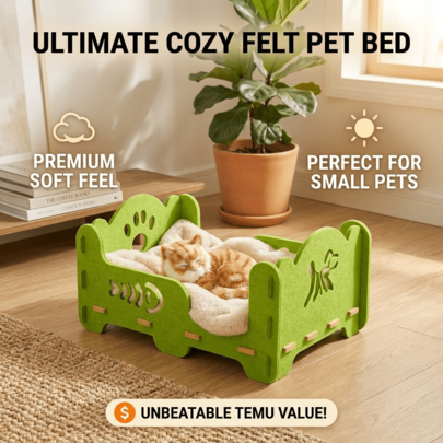 AuraNest Cute Paw & Fish Cutout Felt Pet Bed, Aesthetic Green DIY Cat Nest For Indoor Small Pets