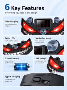 Luz LED de Ojo de Diablo para Ventana de Coche Alimentada por Energía Solar, Nuevo Ojo de Coche LED Dinámico 2026, Luz de Atmósfera Dinámica para Parabrisas de Ojo de Diablo, Con Sensor de Vibración y Luz, Recargable por USB-C, 5 Modos, Instalación con Ventosa - condujo - Ver 2