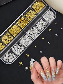 3盒裝金銀色混色美甲飾品套裝，多尺寸四角星、6款鏤空蝴蝶結與0.8-3mm微鋼珠，甜美百搭美甲裝飾，附彎曲鑷子，DIY美甲美甲用品美甲鑽飾 - 彩色 - 查看 3