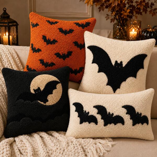 1pc Cute Halloween Bat Tufted Lumbar Pillow Cover, Soft Plush Chenille Embroidered Cushion Case 12x20 Inch, No Insert, Cozy Spooky Fall Decor For Sofa Couch Bed Home Party Gift