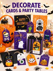 12/24/96pcs Halloween Gift Tags With Strings Cute Pumpkin Ghost Skull Spider Web Witch Labels For Candy Bags Party Favors Gifts And Invitations - Multicolor - View 4