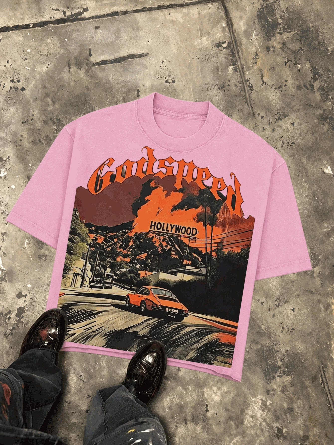 Holly Wood Hills Orange Sunset Distressed Wasteland Grunge Tee, Oversized 180g Thick Cotton, Post Apocalyptic Top For Men - 粉色 - 查看 1